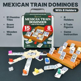 Queensell Mexican Train Dominoes Set Double 15 with 8 Holders - Wooden Hub and Tiles Holders - Double 15 with Dots (D15 + 8 Holders)