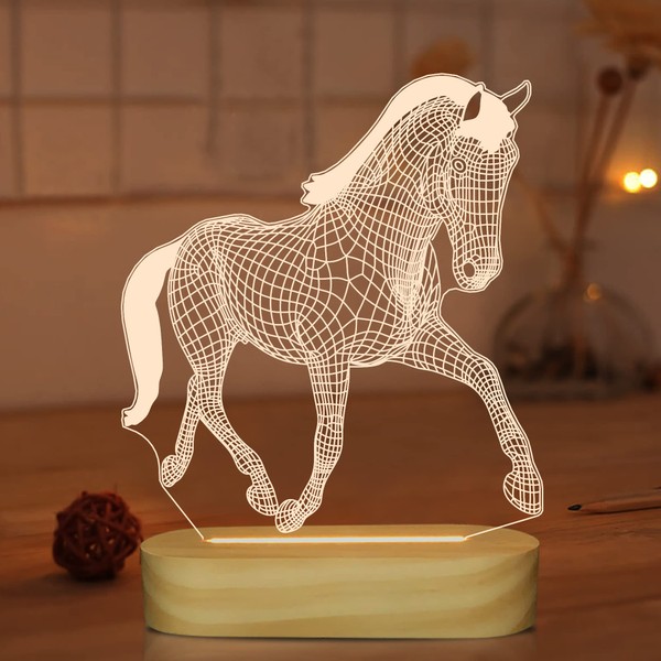 Lightzz Horse Gifts for Girls Women, 3D Illusion Lamp Horse Night Light with Soft Warm White Colours for Children Boys Room Decor, LED Wood Basic Table Lamp