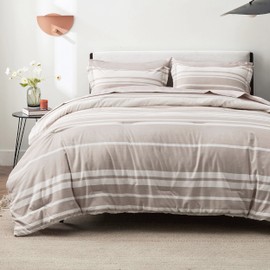 Bedsure Bed in a Bag Twin Size 5 Pieces, Khaki White Striped Bedding Comforter Sets All Season Bed Set with 1 Pillow Sham, Flat Sheet, Fitted Sheet and 1 Pillowcase