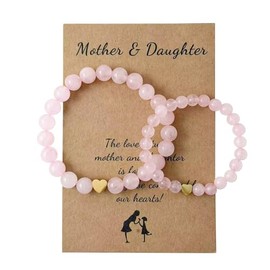 Mother Daughter Bracelets Matching Heart Natural Stone Bracelet for Mom Me(Pink)