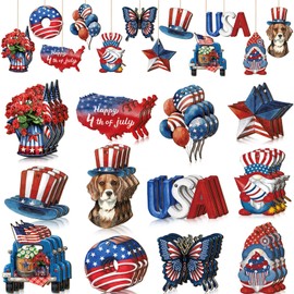 Karenhi 36 Pcs 4th of July Patriotic Ornaments Memorial Day Tree Decorations Red White Blue America Wooden Ornament Star Gnome Wood Cutout 250th Anniversary Decor for Tree Home Wreath Crafts(Retro)