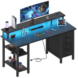Lufeiya Gaming Desk with LED Lights and Power Outlets, 47 inch Computer Desk with Fabric Drawers and Storage Shelves, Home Office Desk with Monitor Stand, Black
