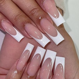 24Pcs French False Nails Extra Long Press on Nails Coffin Glossy Nude Pink Stick on Nails with White Border Design Acrylic Full Cover Fake Nails Reusable for Women and Girls Nails Art Accessories