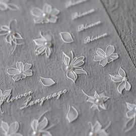 White Flower Nail Art Stickers Decals 5D Embossed Flower Nail Decals with Pearl 1PCS Self Adhesive Diamond Flowers Stickers for Nails Spring Manicure Supply Sliders for Women DIY Nail Art Decorations