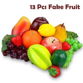 Lorigun 13 Pcs Fake Fruit, Artificial Fruits for Decoration Realistic Faux Fruits Table Centerpieces, Plastic Fruit for Decor Home Kitchen Fake Apples Oranges Grapes Lemons