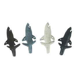 Zeckos Set of 4 Rustic Nautical Cast Iron Shark Wall Hooks