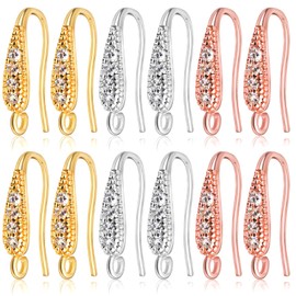 12pcs Cubic Zirconia Earring Hooks Hypoallergenic Brass French Ear Wire Fish Hooks Rhinestone Earrings with Loop for DIY Dangle Earrings Jewelry Making, 3 Colors