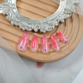 24 Pcs Spring Press on Nails Short Almond Nail Tips,YEFIUO Nude Pink Fake Nails Press ons Ombre Red French Glue on Nails Acrylic Nail Art Kit Full Cover False Nails with Flowers Design for Ma'am