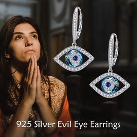 SHEAISRS Evil Eye Earring for Women 925 Sterling Silver Austrian Crystal Earrings Evil Eye Drop Earrings Evil Eye Jewelry for Women