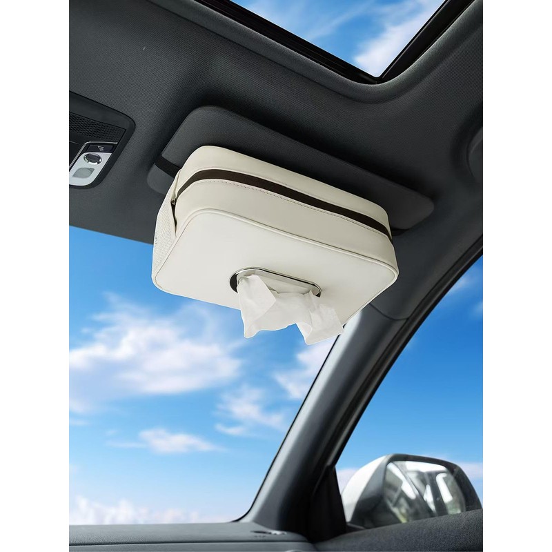 Multi-Functional Car Tissue Holder with ‌2 Storage Nets, Upgraded PU