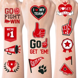 Red Team Spirit Temporary Tattoos, 180 Pcs Glitter Red Team Spirit Accessories, Football Sports Teams Face Body Tattoo Stickers for Cheerleading Teams Sports Games Supplies Classroom Prizes