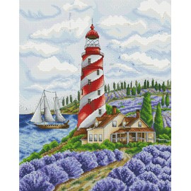 Howie's Needlepoint Cross Stitch Kits, 14CT Pre-Printed Pattern Embroidery Kits, Full Range of Stamped Starter Needlework Kits (Lighthouse with Lavender, 14.17 x 17.32 inch)