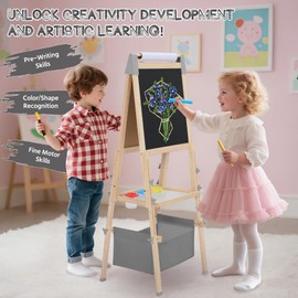 TODEFULL 3 in 1 Adjustable Kids Art Easel Set, Dual-Sided Wooden Art Station w/Magnetic Whiteboard, Chalkboard & Paper Roll, Height Adjustable Standing Painting Easel for Toddlers Ages 3+, Gray