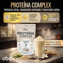 Proteina Complex Vainilla Mexicana 7 Fuentes vegetales + Probioticos + Enzimas Alta Absorción y Digestión Ligera Sin Lácteos Perfil Aminoácidos BCAAs Creatina Vegana Oby Vitaminas Polvo