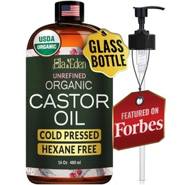 Ella & Eden USDA Organic Castor Oil – Cold Pressed Hexane-Free - Glass Bottle - For Hair Growth, Face, Eyelash, Skin, Stomach - 100% Pure Unrefined 16 Fl Oz