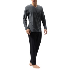 DAVID ARCHY Mens Pajamas Set Cotton Soft Sleepwear Long Sleeve Top & Bottoms PJs (L, Dark Gray - Black)