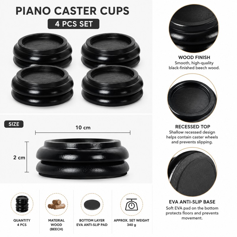 4-Piece Beech Wood Piano Caster Cups – Round Floor Protector