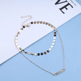 Inilbran Boho Layered Bar Choker Necklace Gold Coin Disc Sequins Necklace Choker Vintage Bar Necklace Chain Horizontal Bar Collar Necklace Jewellery for Women and Girls