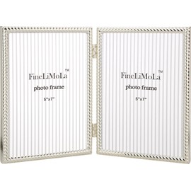 FineLiMoLa 5x7''Silver Double Frames,Rope Design Metal Photo Frame with Black Velvet Backing and Real Glass Front,5x7'' Hinged Silver Double Picture Frame for Tabletop and Shelf Display