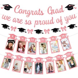 2026 Graduation Photo Banner, Congratulations On Graduation, We Are Proud Of You, Pink K-12th Graduation Decoration Set, Includes a Commemorative Milestone Photo Frame, Suitable For Children And Teenagers
