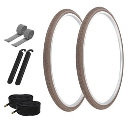 PRO+ Pair of Bicycle TIRE 700 x 32 Brown/Brown SIDEWALL (2) Tires W/Tubes 33MM Schrader Valve, Rim Strips & TIRE LEVERS G-5013
