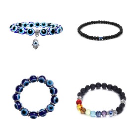 4 Pcs Turkish Evil Eye Glass Bead Stretch Bracelet Set Crystal Strand Protection Amulet Fatima Hamsa Hand Charm Lucky Jewelry for Women Men-4pcs-2