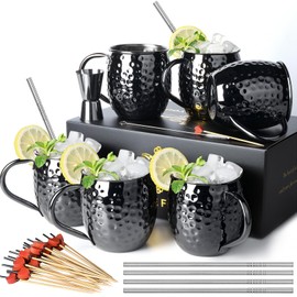 Moscow Mule Mugs- Set of 6 Black Plated 18oz Stainless Steel Mug Double Jigger Chilled Drink Cocktail Mug (Round 6pcs)