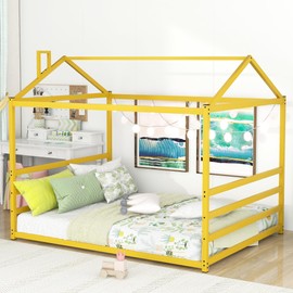 Queen Size Metal Floor Bed for Kids,Montessori Floor Bed with Roof,House Bed Frame for Boys Girls,Metal House Shape Platform Bed,Gold