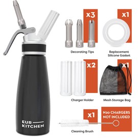EurKitchen Professional Whipped Cream Dispenser w/Leak-Free Reinforced Aluminum Threads for Max Durability and Safety - 1-Pint Cream Whipper Matte Black, Brushed Aluminum (Packaging may vary)