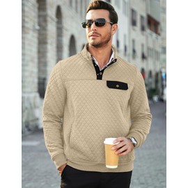 JMIERR Mens Quilted Sweatshirt Casual Long Sleeve Crewneck Half Button Fashion Pullovers Sweater Jackets with Pockets, US 38(S), Apricot