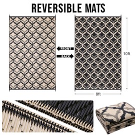 OLANLY Reversible Outdoor Rug 8x10 ft Clearance, Waterproof Outdoor Plastic Straw Rug with Interlacing Pattern, RV Mat for Patio, Camping, Balcony, Deck, Backyard, Black & Beige
