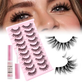 GEMERRY Natural Lashes Kit Wispy Lashes with Clear Lash Glue False Eyelashes Look Like Extensions False Lashes Natural Flared Eyelashes Soft Fluffy Lashes Faux Cils Strip Lashes 10 Pairs A02+Glue