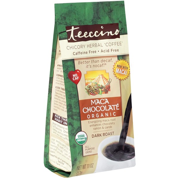 Teeccino Chicory Coffee Alternative – Maca Chocolaté – Ground Herbal Coffee That’s Prebiotic, Caffeine Free & Acid Free, Dark Roast, 11 Ounce