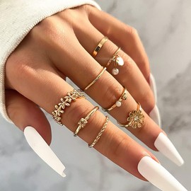 Vintage Knuckle Rings Set for Women Bohemian Stackable Midi Finger Rings Pearl Flowers Adjustable Ring Pack (Gold)