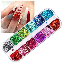 Heart Nail Art Glitter Sequins, 3D Laser Love Heart Nail Decals Sticker Holographic Nail Sparkle Glitter for Manicure Make Up DIY Decals Decoration