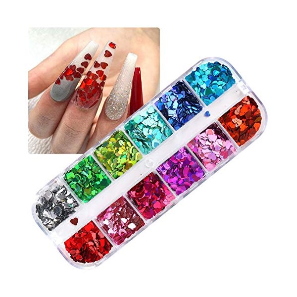 Heart Nail Art Glitter Sequins, 3D Laser Love Heart Nail Decals Sticker Holographic Nail Sparkle Glitter for Manicure Make Up DIY Decals Decoration