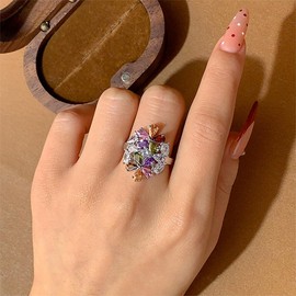 Delicate Colorful Diamonds Flower Rings Dainty Cz Crystal Blossom Leaf Charm Statement Promise Engagement Eternity Cubic Zircon Ring Wrap Middle Thumb Finger Fashion Jewelry for Wedding Women (7)
