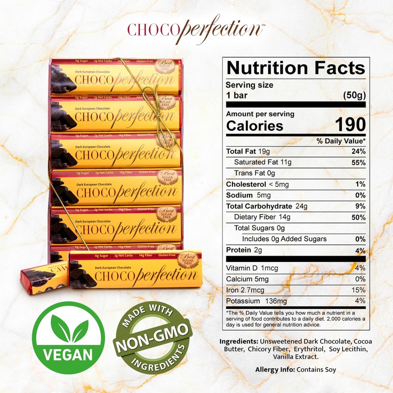 ChocoPerfection Sugar Free Dark Chocolate Bars - Keto-Friendly, Gluten-Free and
