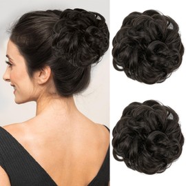 2PCS Messy Bun Hair Piece Extensions - Heat Resistant Synthetic Curly Hairpieces Elastic Scrunchie for Women Updo Ponytail Buns -Wavy Fake Wig Hairpiece for Daily, Party, Wedding(Black Brown)