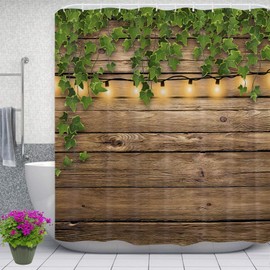 Vintage Wooden Board Door Shower Curtain, Rustic Green Leaves on Farmhouse Country Wood Plank Garden Decoration, Waterproof Quick-Drying Countryside Bath Curtain with Hooks, 180X180cm/ 71X71 in
