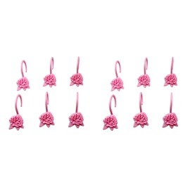 Set of 12 Decorative Floral Design Shower Curtain Rod Hooks Rings - Molded Plastic, Durable & Stylish Bathroom Accessories, Easy Slide, Rustproof, Fits Most Shower Curtains & Rods (Pink)