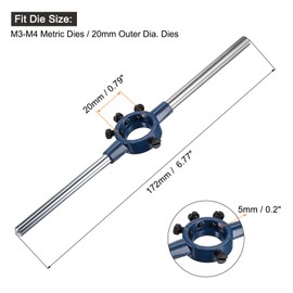 sourcing map Round Die Stock Handle Wrench 20mm(0.79") Adjustable Threading Die Wrench Handle Holder for Bolt Thread Repair Bar Tools (Fit M3-M4 Metric Dies / 20mm Outer Dia. Dies)