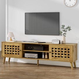 FansaFurn 63'' TV Stand with Basket Weave Wooden Door & Angled Legs, Vintage TV Console with Storage, Media Entertainment Center Table, Wood Retro Console Table for Living Room, Bedroom