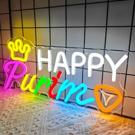 Ajoyferris Happy Purim Neon Sign Purim Neon Signs for Wall Decor Dimmable Purim Decorations Led Sign Jewish Carnival Party Hanging Neon Lights for Kids