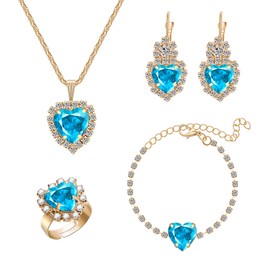 Yifnny Crystal Heart Jewelry Sets, Sparkling Hearts Necklace/Bracelet/Earring/Ring Red Artificial Crystal Prom Jewelry Set for Bride Jewelry Birthday Gifts for Wife Women (Sky Blue)