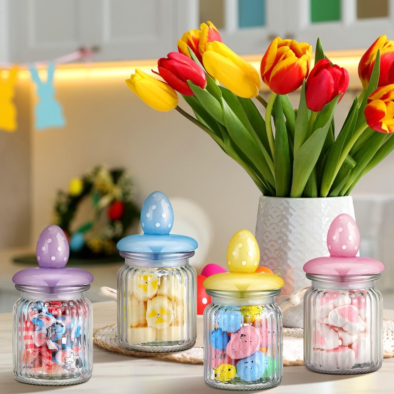 Nitial 4 Pcs Easter Glass Jar with Cap Bunny Rabbit