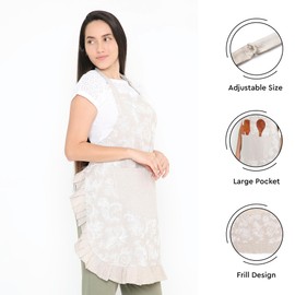 Encasa XO Aprons for Women | Cotton Chambray Fabric with Floral Frill | Kitchen & Cooking Chef Apron with 2 Large Pockets | Stylish Protection - 70x85 cm - Beige