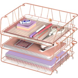SimpleHouseware Stackable Wide Entry Desk File Document Letter Tray with Liner, Wire Grid, 3 Packs, Rose Gold