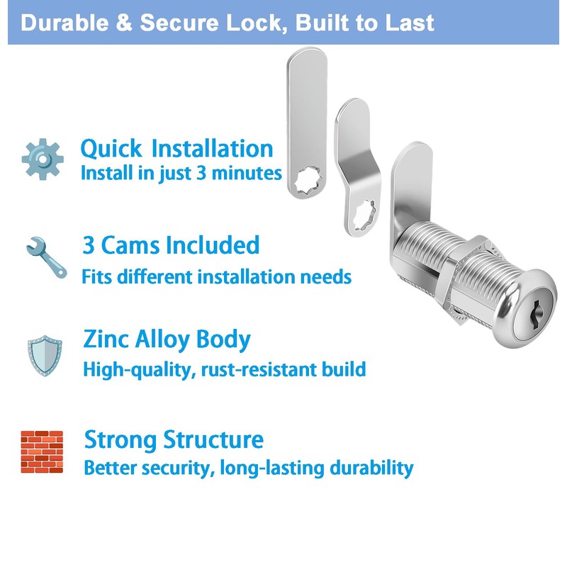 Cabinet Locks with Keys, 1-1/2" Long Cam Lock Keyed Alike,
