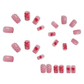 24 Pcs Medium Press on Nails, Artificial Acrylic Fake Nails with Red Bow Designs, Full Cover Reusable Coffin Glossy Red Love Heart False Nails, Glue on Nails for Women Set, Stick on Nails for Nail Art